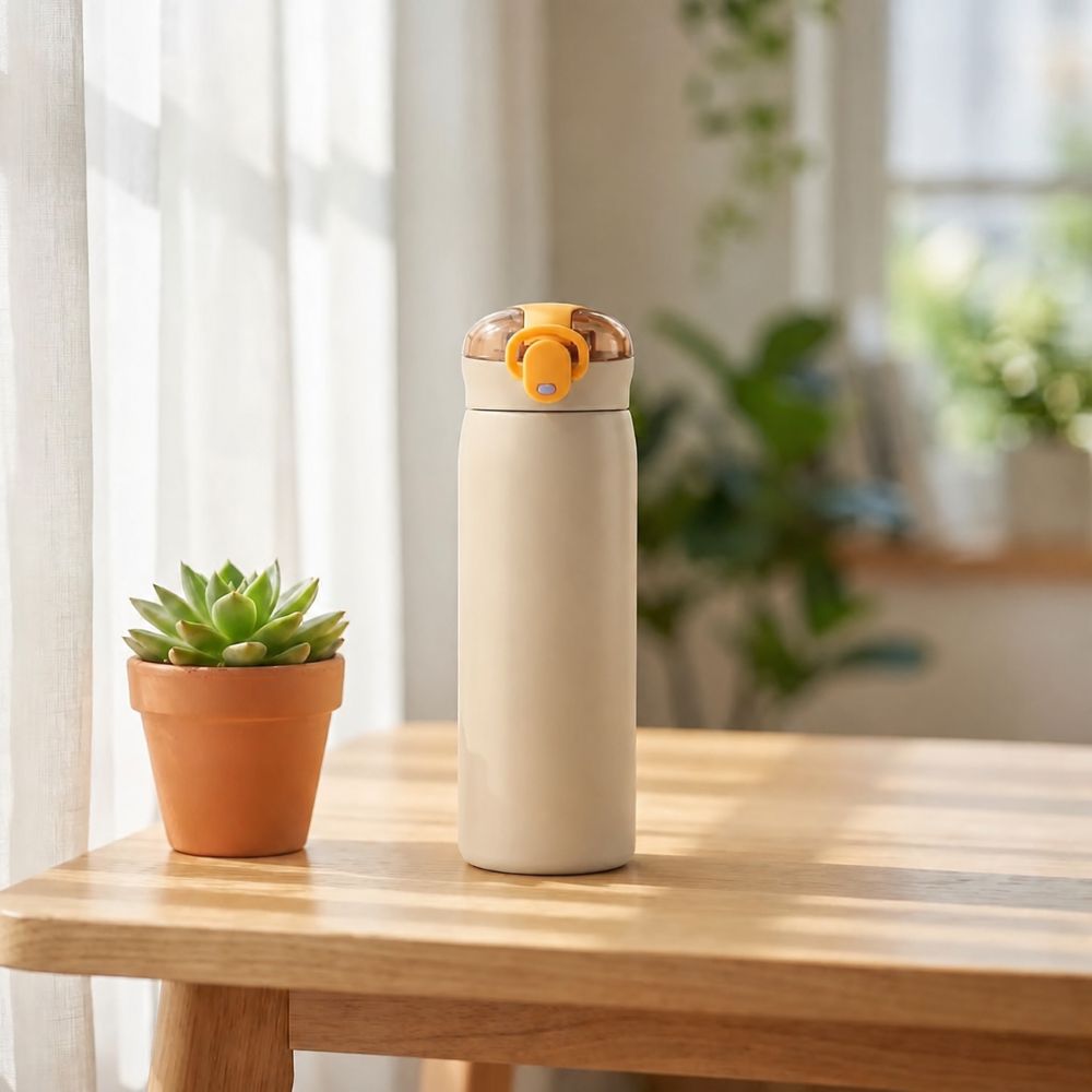 Gourde isotherme lagune beige Soiflex posée sur une table en bois pale