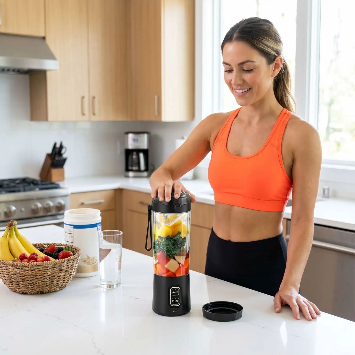 Shaker Électrique 700 ml à 6 Lames femme se prépare un shake dans la cuisine