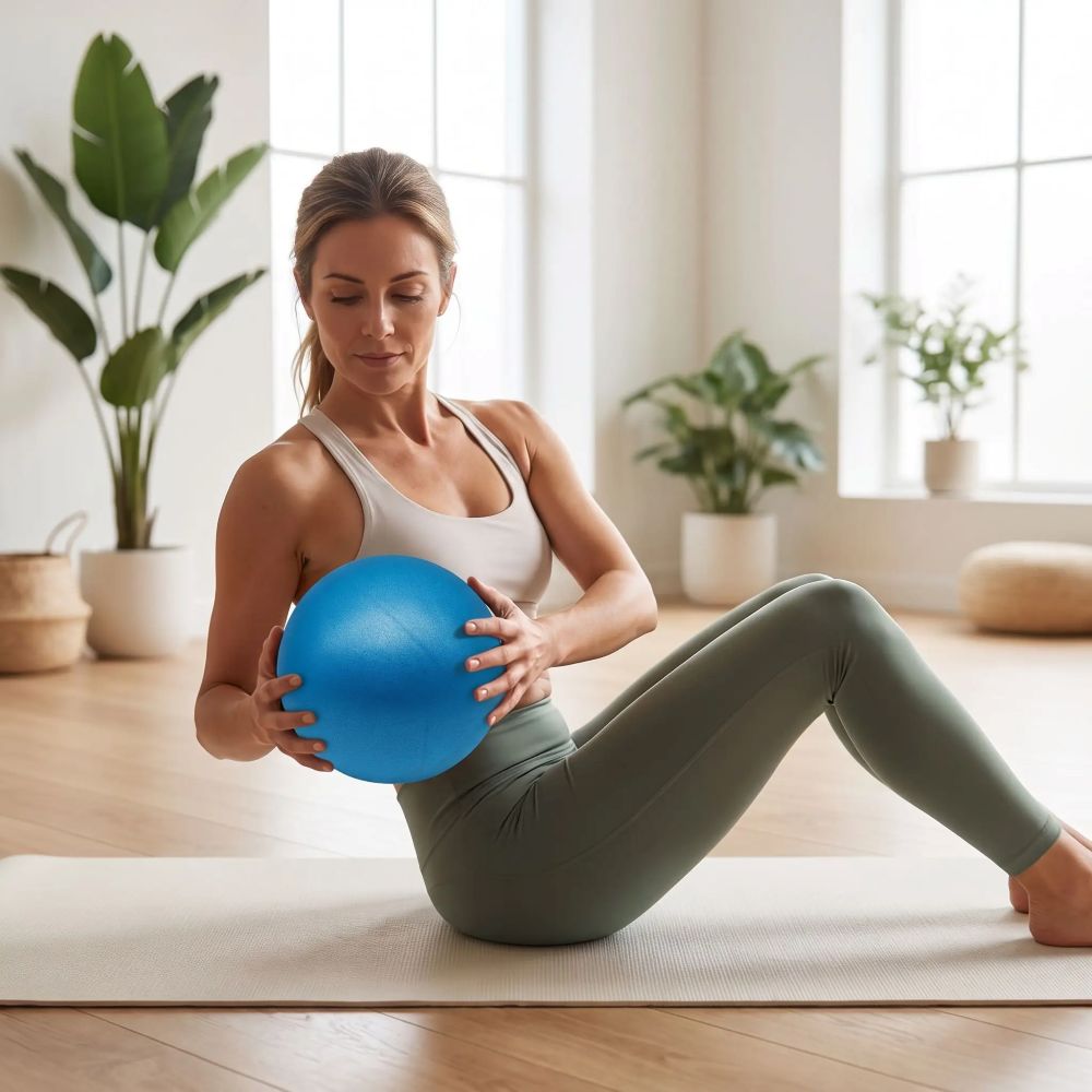 Ballon Pilate Lila 15 cm - femme sur tapis fait abdo avec ballon
