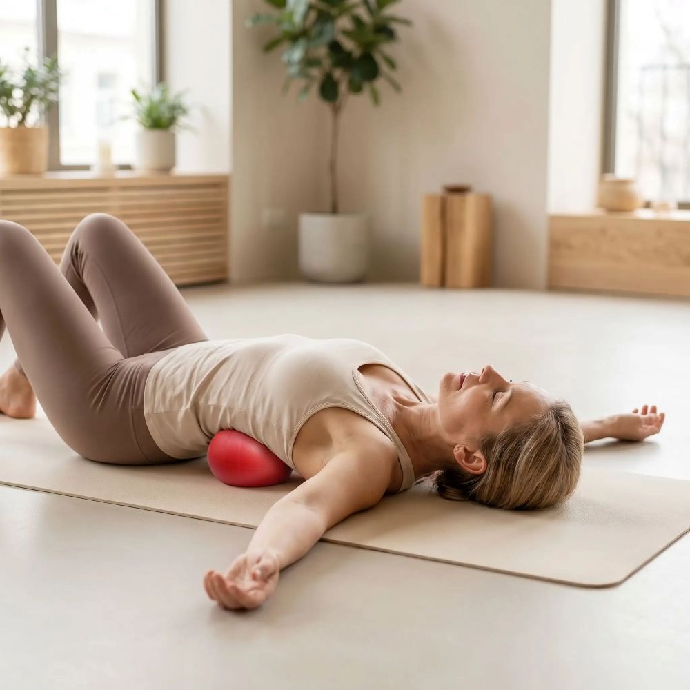 Ballon Pilates Siva 25 cm femme sur dos avec ballon sous homoplatte