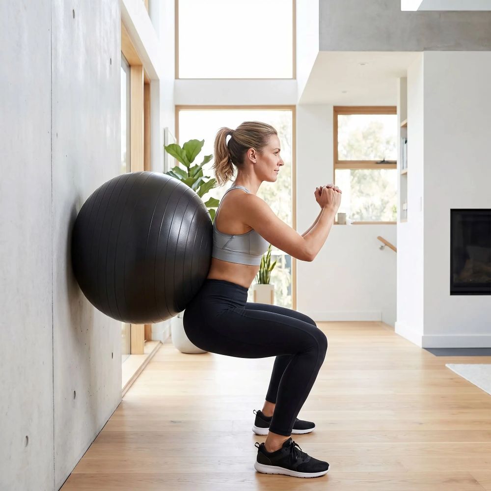 Ballon de Gym Tara 85 cm- femme dos appuyer sur ballon au mur