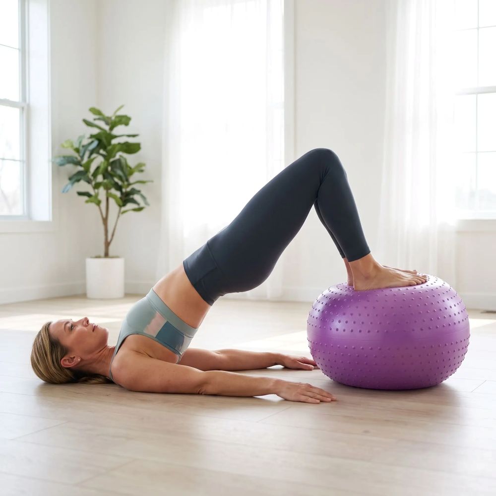Ballon de Gym Ziva 55 cm (Beigne)-femme fait pont pied sur ballon