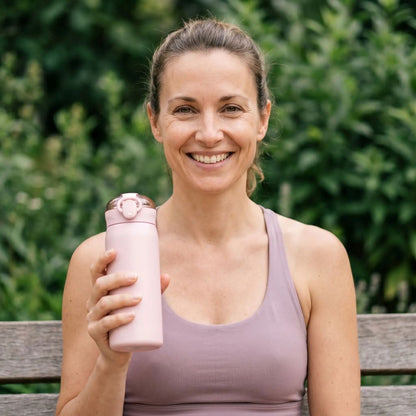 Cliente souriante avec la gourde isotherme Oasis Soiflex après le sport
