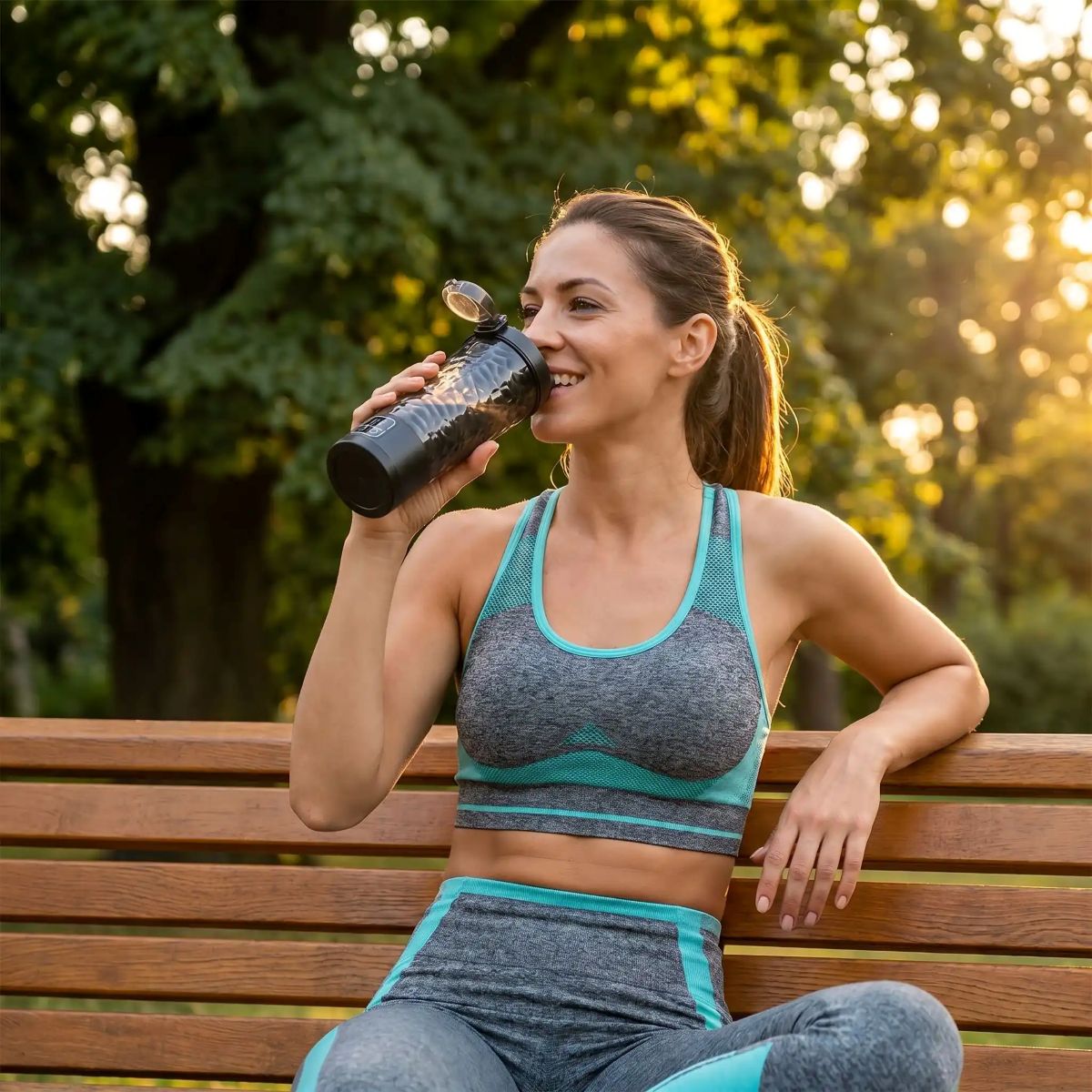 Shaker Électrique Intelligent 700 ml –femme assis au parc avec son shaker Mélangeur Fitness 3 Vitesses - Soiflex