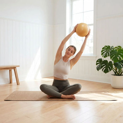 Femme faisant un exercice assis avec un ballon de pilates à la maison