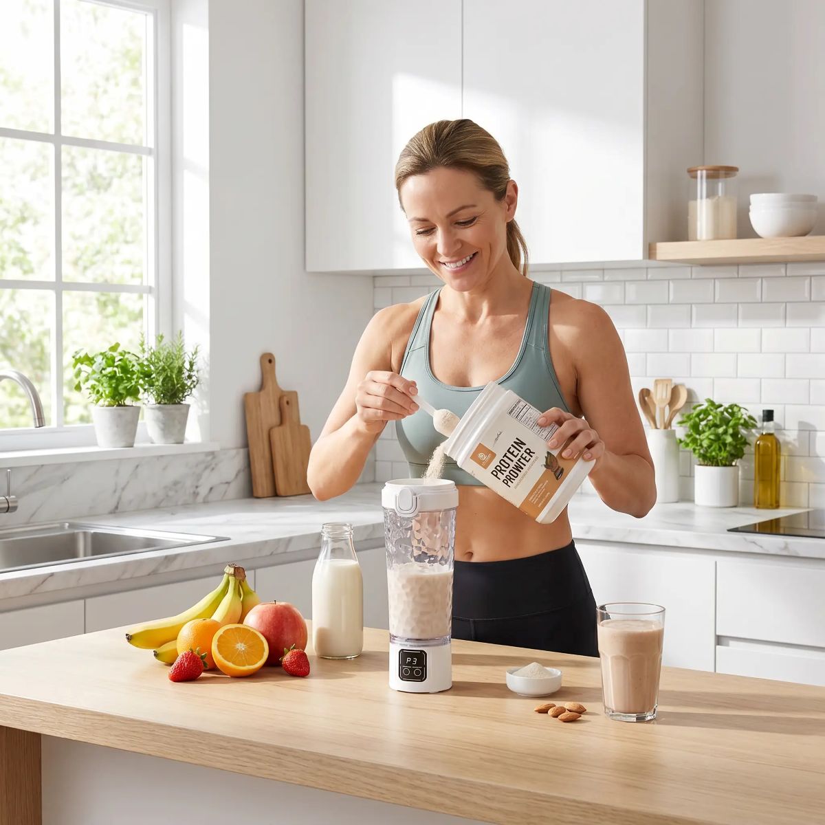 Shaker Électrique Intelligent 700 ml – femme en cuisine fait un shake Mélangeur Fitness 3 Vitesses - Soiflex