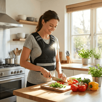 Gilet lesté réglable 11–20 lb – femme fait la cuisine avec son gilet Fitness complet & polyvalent - Soiflex