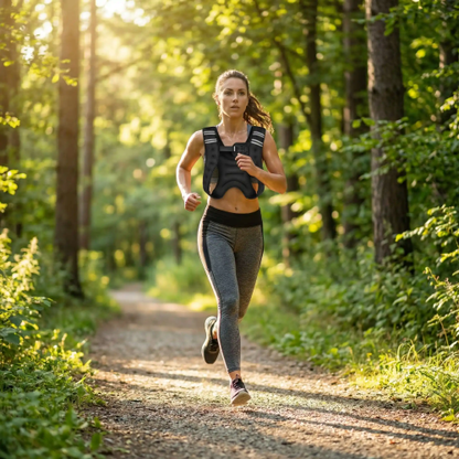 Gilet lesté RenfortBoost 8 lb – femme fait jogging dans le bois Confort et résistance optimale - Soiflex