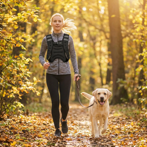 Gilet lesté RenfortBoost 8 lb – femme dans un parc avec un chien Confort et résistance optimale - Soiflex