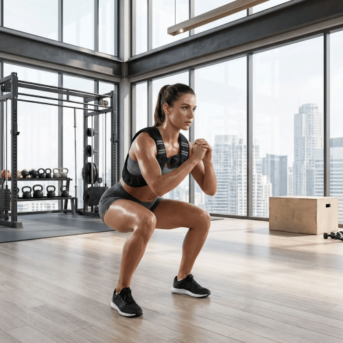 Gilet lesté RenfortBoost 8 lb – femme en squat dans un gym Confort et résistance optimale - Soiflex