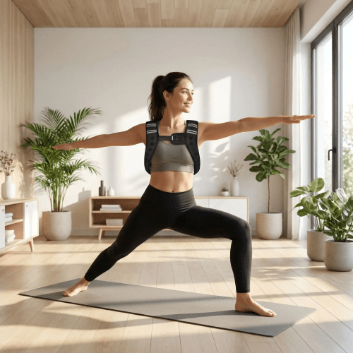 Gilet lesté RenfortBoost 8 lb – femme sur tapis yoga fait le guerrier Confort et résistance optimale - Soiflex