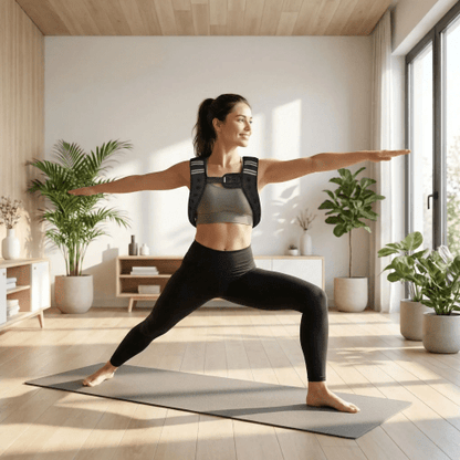 Gilet lesté RenfortBoost 8 lb – femme sur tapis yoga fait le guerrier Confort et résistance optimale - Soiflex