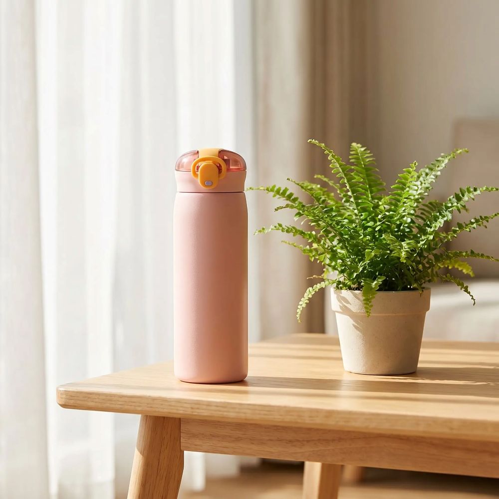 Gourde isotherme Oasis rose Soiflex posée sur une table en bois naturel