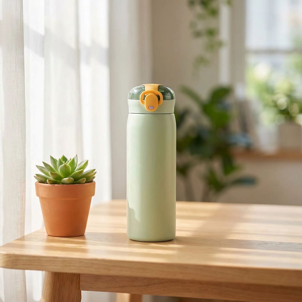Gourde isotherme Oasis verte Soiflex posée sur une table en bois naturel