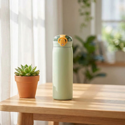 Gourde isotherme Oasis verte Soiflex posée sur une table en bois naturel