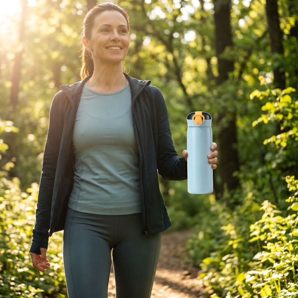 Gourde isotherme lagune bleu Soiflex dans les mains dune femme qui marche