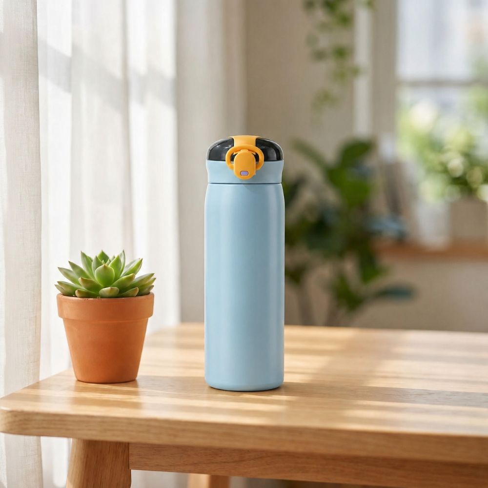 Gourde isotherme lagune bleu Soiflex posée sur une table en bois naturel