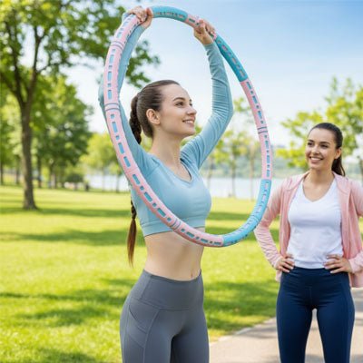 Hula hoop Volt Fitness – Tonifie vos muscles facilement - femme avec hula hoop bleu Soiflex
