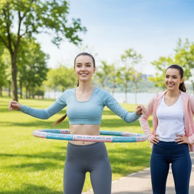 Hula hoop Volt Fitness – Tonifie vos muscles facilement -deux femme au parc avec hula hoop Soiflex
