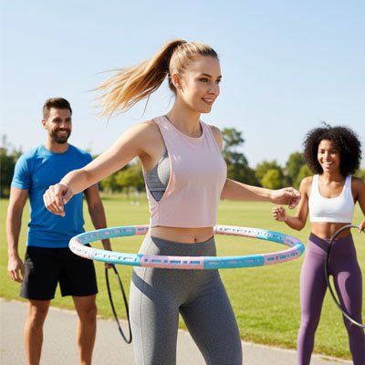 Hula hoop Volt Fitness – Tonifie vos muscles facilement -trois personne au parc avec hula hoop Soiflex