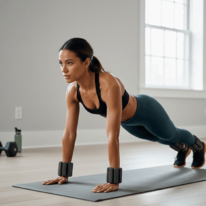 Poids cheville ProGain 2pcs/900 g femme fait la planche dans son salon Confort et tonification - Soiflex