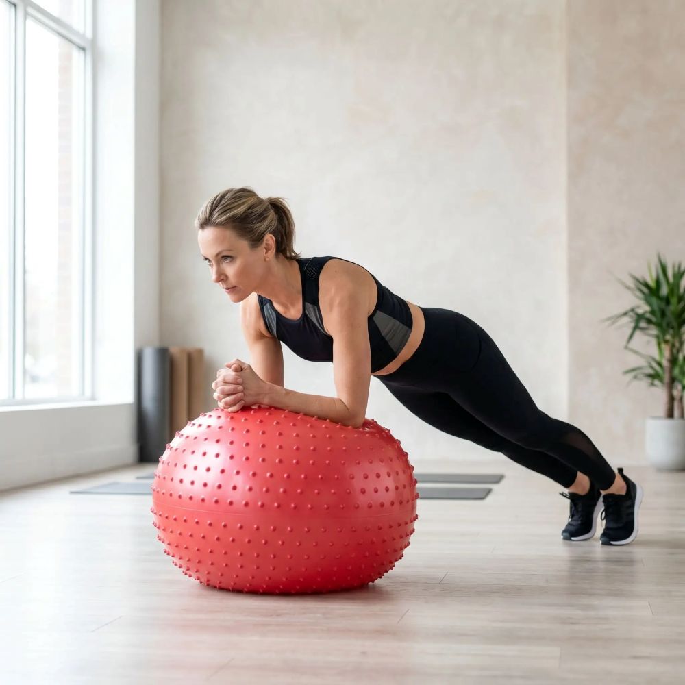 SWISS BALL JAYA 45cm femme coude sur ballon jambe au sol etirer