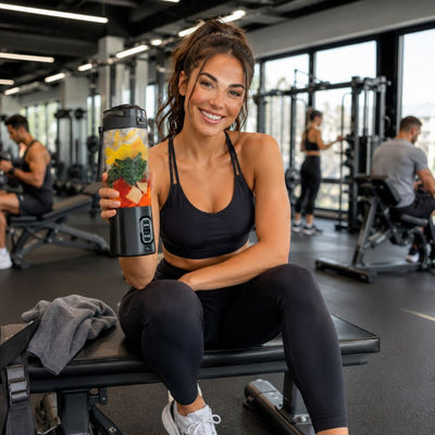 Shaker Électrique 700 ml à 6 Lames – femme au gym avec shaker en main