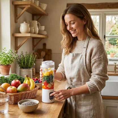 Shaker Électrique 700 ml à 6 Lames femme au comptoir se prépare un shake