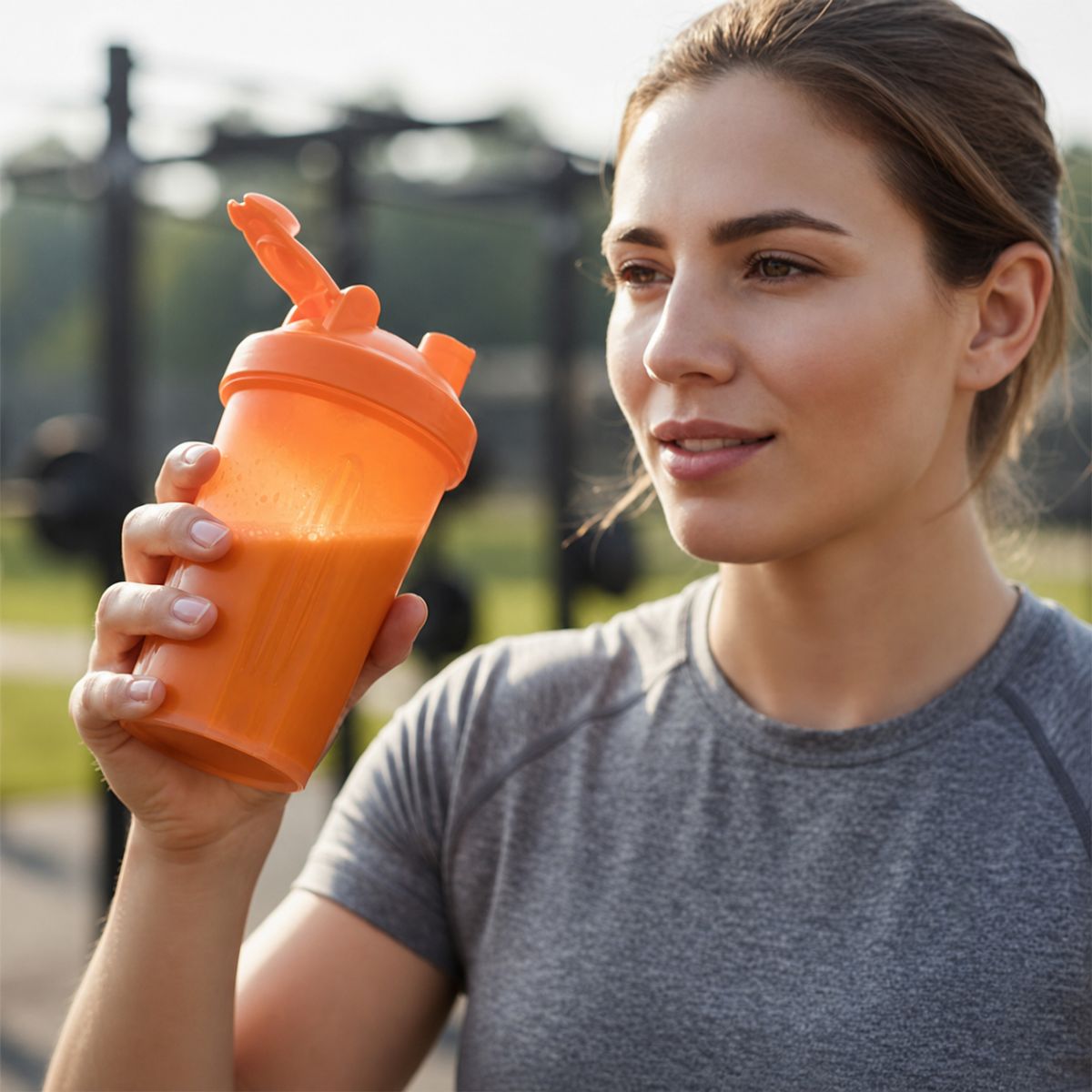 Shaker protéine étanche 400ml avec boule de mélange : une femme s'apprête à boire dans son shaker
