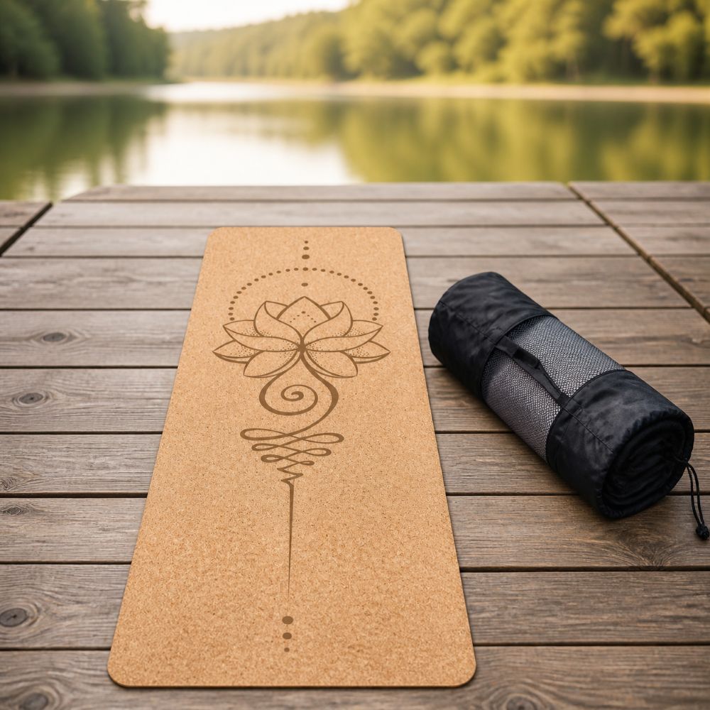Tapis de Yoga en liège Lotus 4mm tapis étendu sur un quai avec sac