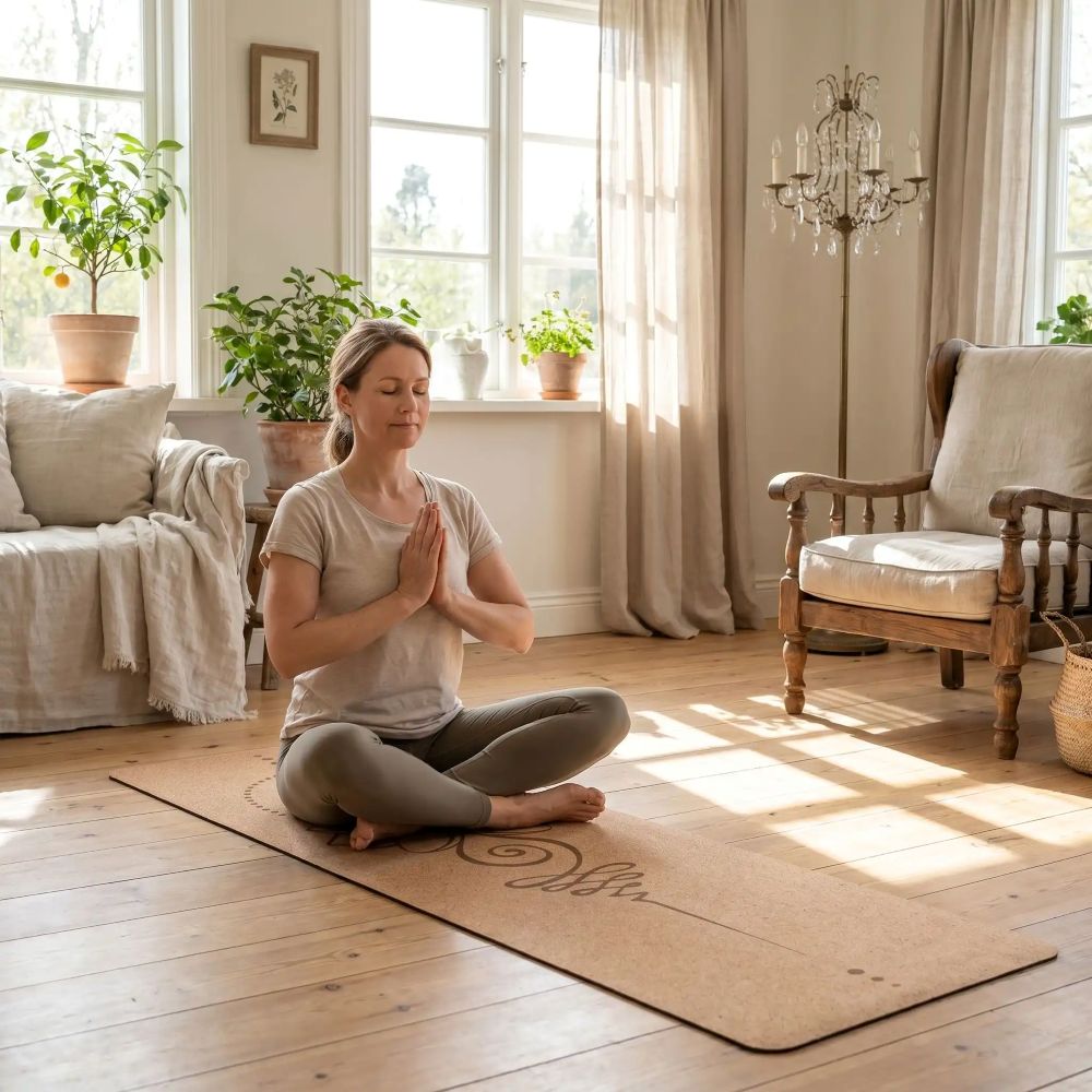 Tapis de Yoga en liège Lotus 4mm une femme assise mains en namaste