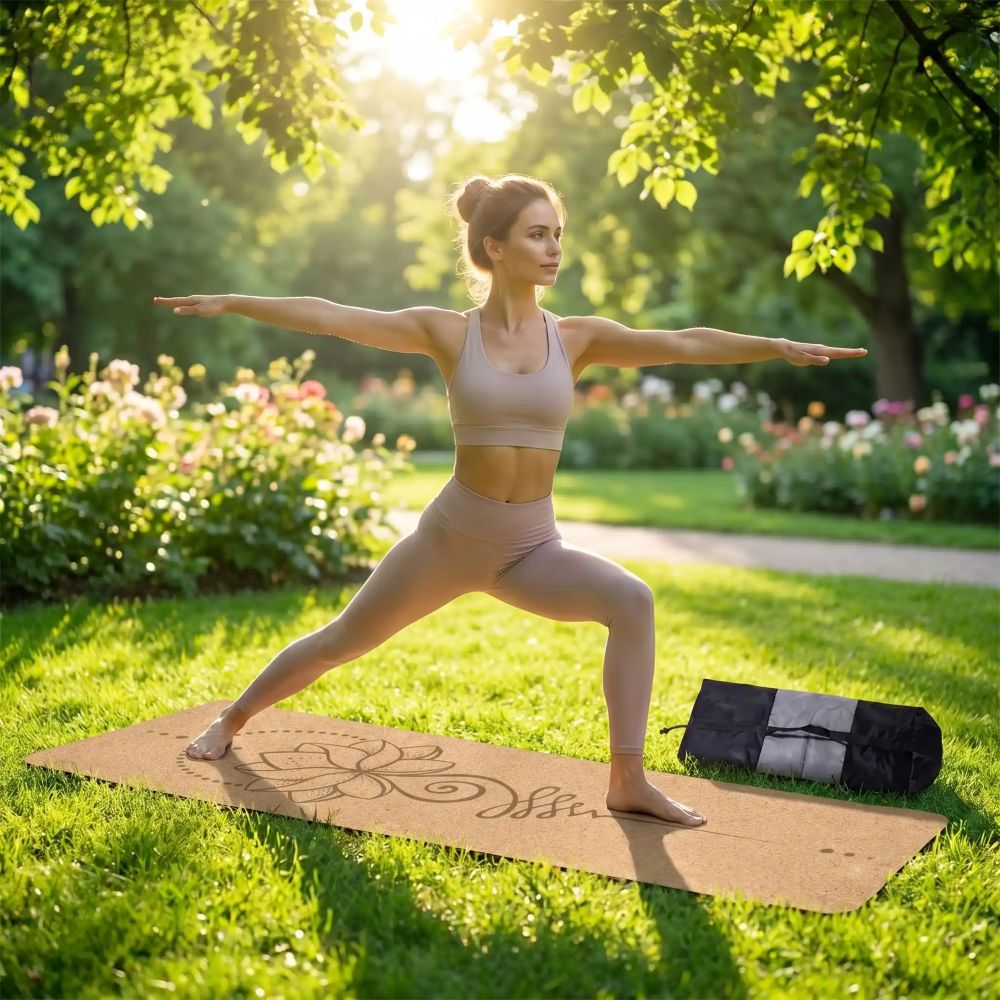 Tapis de Yoga en liège Lotus 4mm une femme au parc sur son tapis