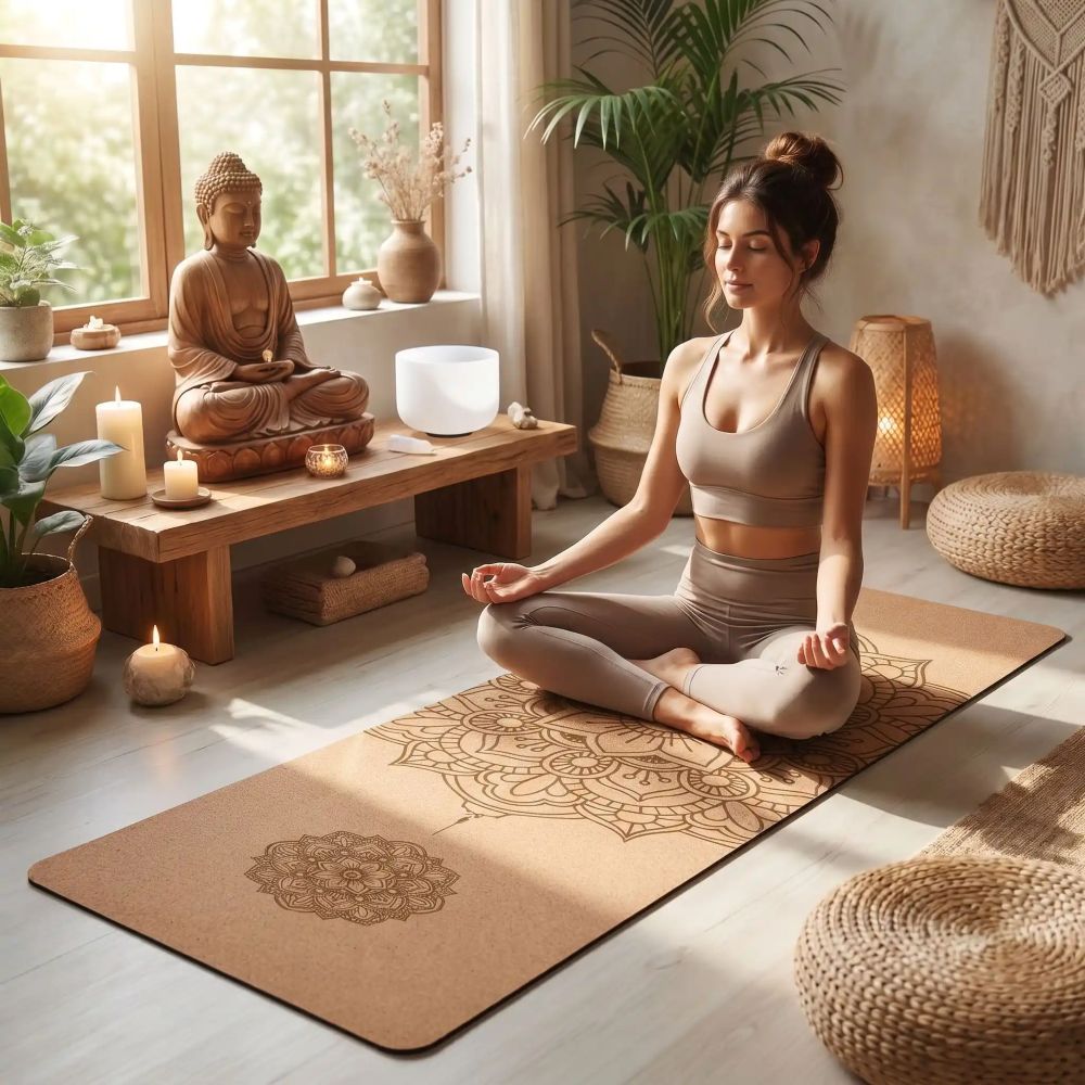 Tapis de Yoga en liège Mandala 4mm femme assis sur tapis de yoga en namaste