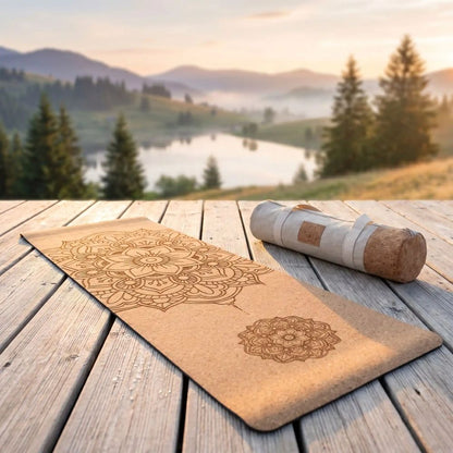 Tapis de Yoga en liège Mandala 4mm tapis sur un quai au bord de l'eau