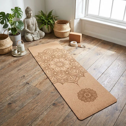 Tapis de Yoga en liège Mandala 4mm visuel  étendu du tapis avec mandala