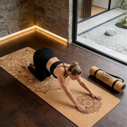 Tapis de Yoga en liège mandala 5mm femme accroupi sur tapis
