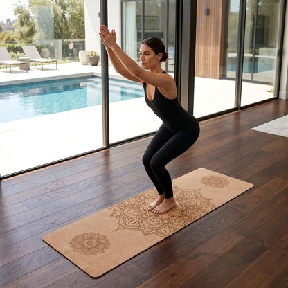 Tapis de Yoga en liège mandala 5mm femme en position de chaise sur tapis