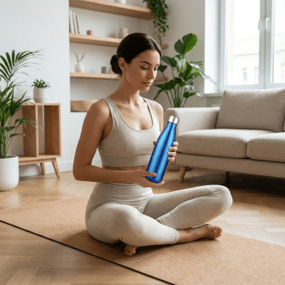 Gourde isotherme Éclat 750 ml – Maintient boisson chaude/froide - femme sur tapis de yoga avec sa gourde Soiflex