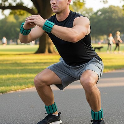 Bracelet lesté Adjustable Boost poids de 1 Lb (la paire) - homme en squat au parc avec bracelet au chevilles Soiflex