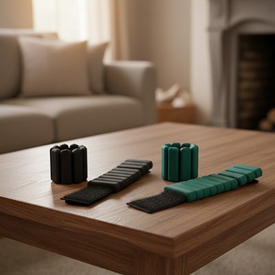Bracelet lesté Adjustable Boost poids de 1 Lb (la paire) - visuel du bracelet sur table de salon Soiflex