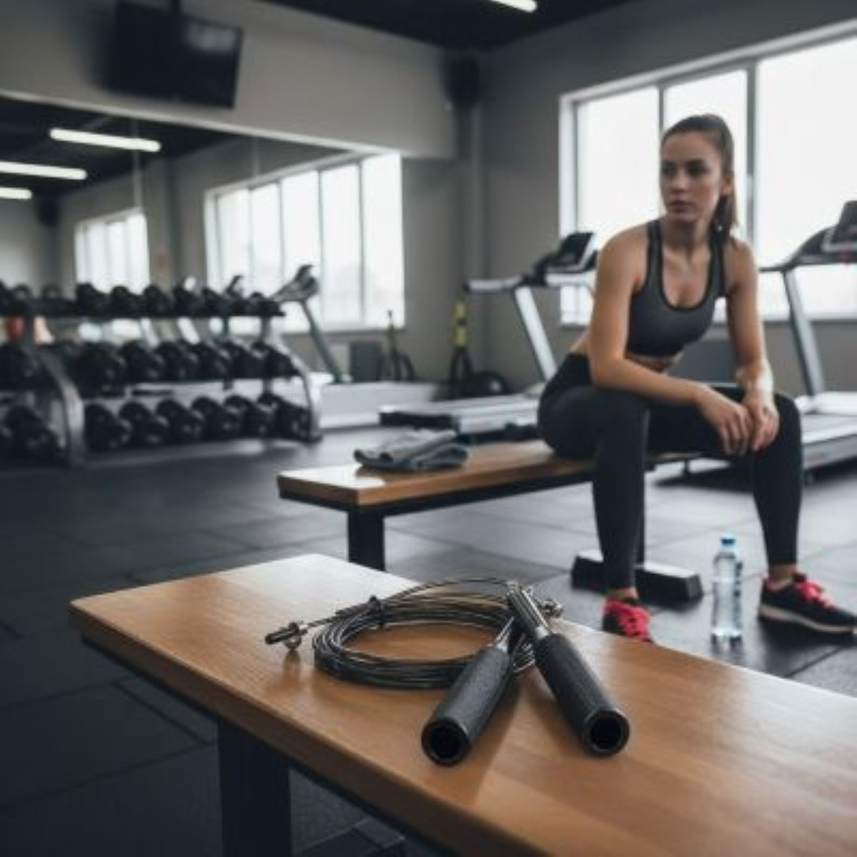 Corde a sauter Bond noire avec poignées en aluminium et câble gainé femme assis sur banc au gym avec corde a cote delle- Soiflex