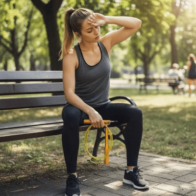 Corde a sauter Crossfit Vortex or/argent/bleu – Fitness intense - femme assis sur banc parc avec sa corde en main Soiflex