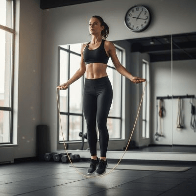 Corde a sauter Crossfit Vortex or/argent/bleu – Fitness intense - femme saute a la corde dans une salle Soiflex