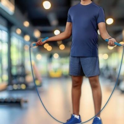 corde a sauter jumprope bleu homme devant gym