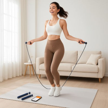 Corde a sauter sans corde Flash 2 en 1 avec compteur numérique et Bluetooth - femme saute a la corde dans son salon Soiflex