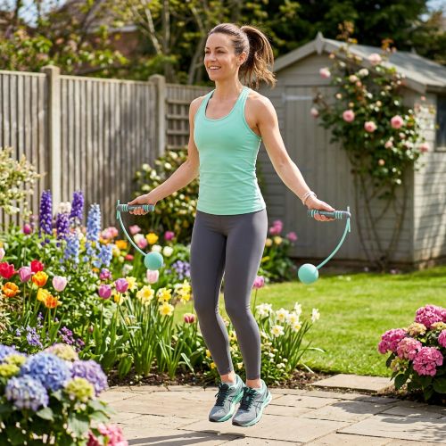 Corde à sauter sans fil JumpFit – fille dans la cour arriere saute a la corde Léger & pratique cardio maison - Soiflex