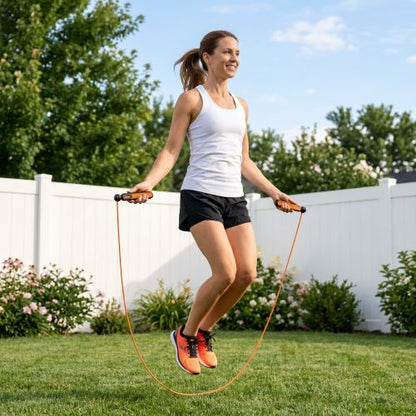 Corde sauter intelligente – femme dans son jardin saute a la corde - Soiflex