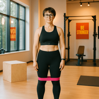 Elastique musculation Alpha rose – Renforce muscles et coordination - femme debout avec elastique au jambe Soiflex