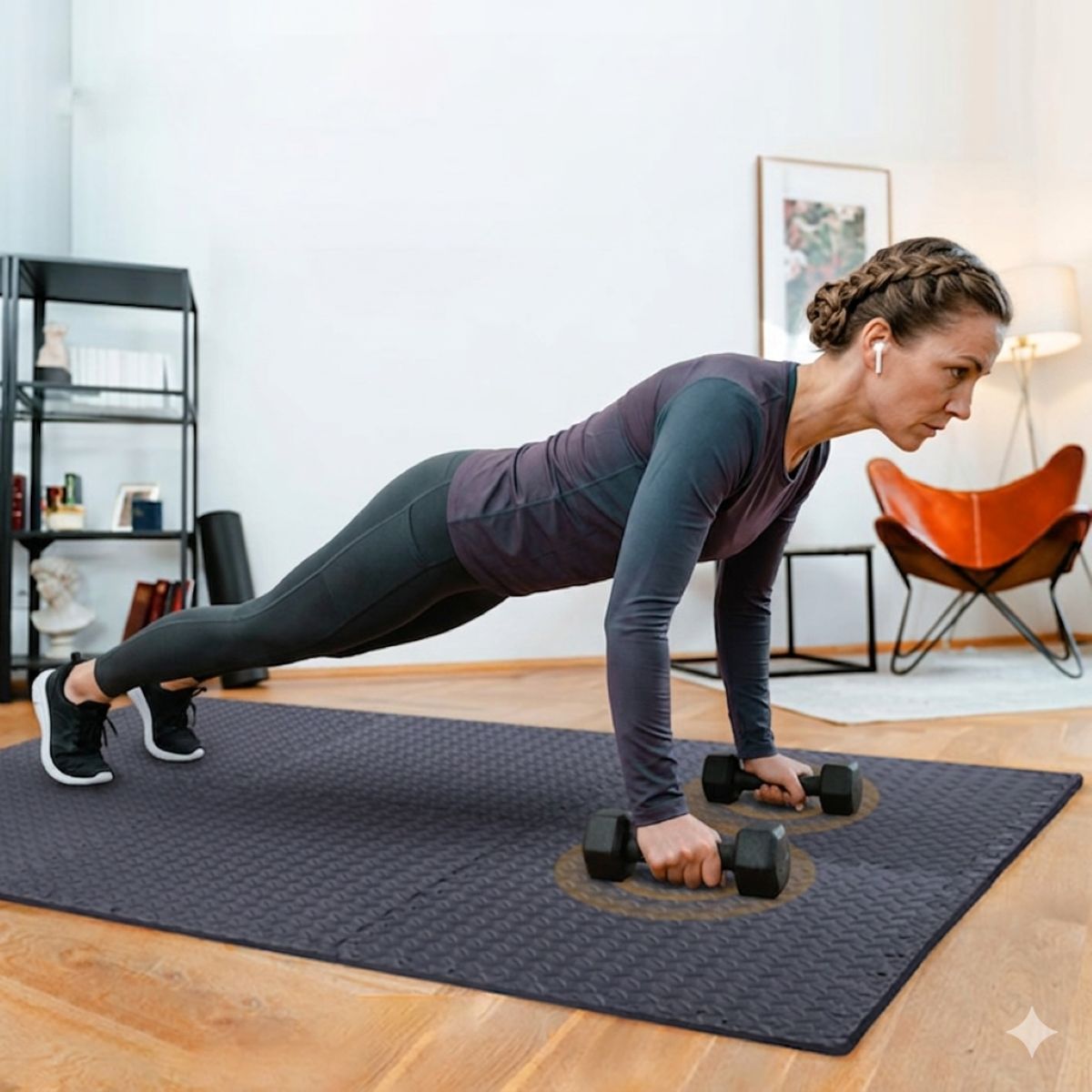 Tapis de gym Koa 10 mm antidérapant pour entraînement et fitness - femme fait push up sur tapis Soiflex