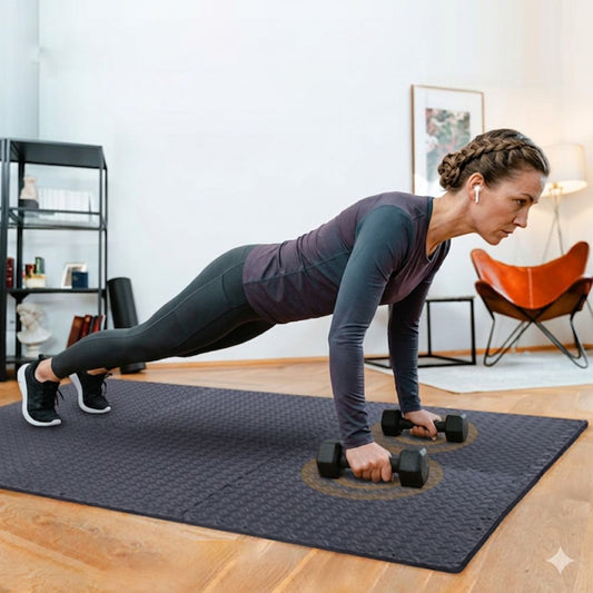 Tapis de gym Koa 10 mm antidérapant pour entraînement et fitness - femme fait push up sur tapis Soiflex